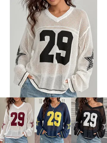Top de Protección Solar para Mujer Estilo Jersey Americano Retro Punto Calado Cuello en V Manga Larga