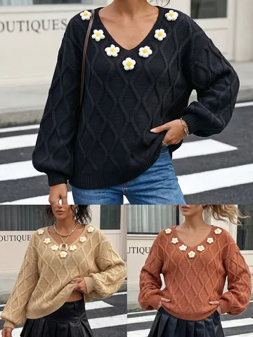 Women's Argyle Jacquard V-Neck Sweater 3D Hand-Crocheted Floral Patchwork Loose Lantern Sleeve Pullover Knit Tops