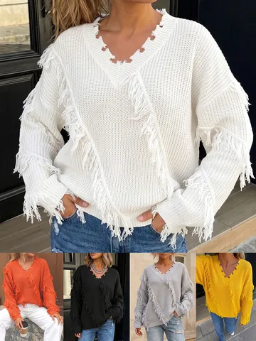 Suéter De Punto Casual De Corte Holgado Con Cuello En V Y Manga Larga De Color Sólido Con Borlas Desgastadas Para Otoño e Invierno