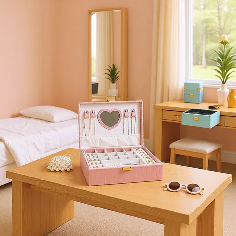 Large Capacity Multi-layer Jewelry Box Corduroy Flannel Storage Case With Heart Mirror Metal Lock For Earrings Rings Women
