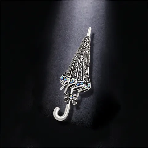 Vintage Umbrella Shape Rhinestone Brooch Creative Alloy Crystal Lapel Pin With Bowknot For Suit Coat Women Jewelry