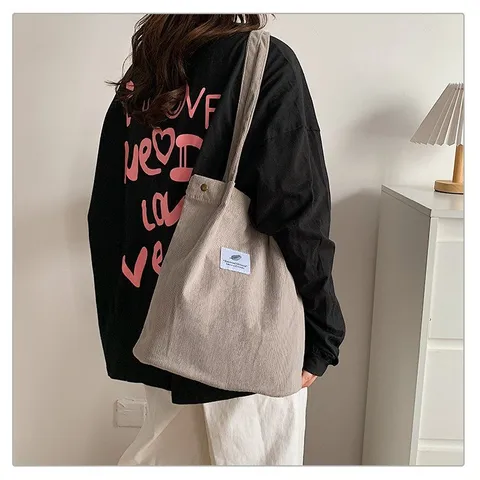 Bolso Tote de Pana para Mujer Gran Capacidad Color Sólido Bolso de Hombro Literario Minimalista Bolsa de Compras Reutilizable Bolso de Mano