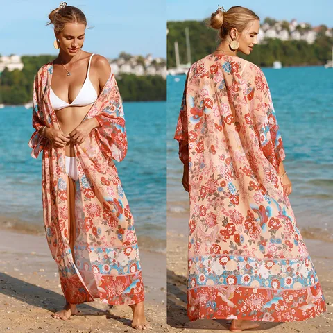 Cárdigan Largo de Playa con Estampado Floral Boho para Mujer Frente Abierto Vestido Maxi de Vacaciones