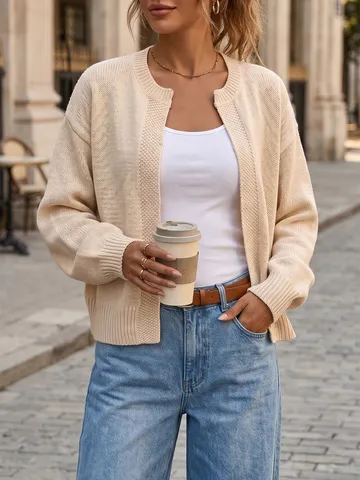 Cardigan Aperto Casual da Donna Tinta Unita Manica Lunga Girocollo Maglieria Larga Autunno Inverno Moda Maglione Cappotto