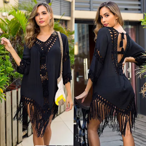 Women Summer Vacation Style Crochet Hollow Out Long Tassel Loose Sexy Backless Lace Up Beach Cover Up Dress