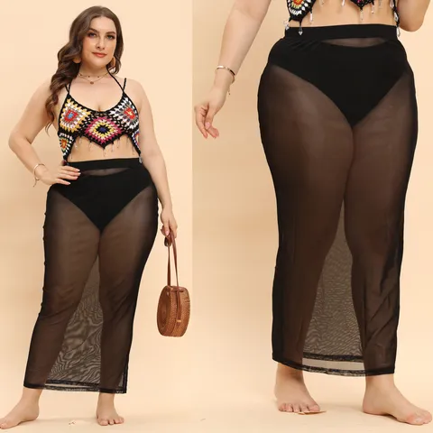 Gonna Maxi in Rete Trasparente Nera Taglie Forti Donna Sexy a Vita Alta Copricostume da Spiaggia Gonna Lunga Dritta