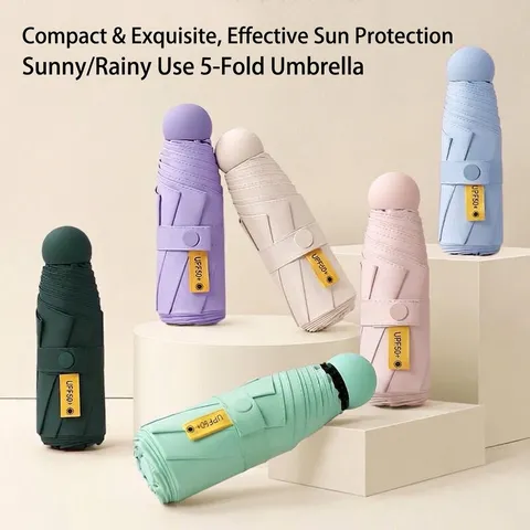 Mini Five Fold Capsule Umbrella UV Protection Black Glue Coating Pongee Sun Rain Umbrella With Portable Case For Women