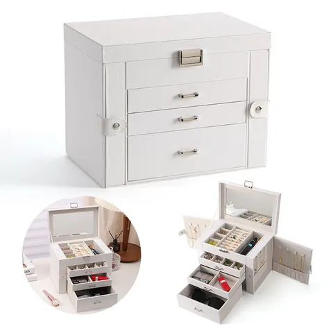 Boîte à Bijoux en Cuir PU Grande Capacité Avec Miroir Coffret de Rangement Multicouche Pour Boucles d'Oreilles Colliers Bagues Bracelets Montres Organisateur de Bijoux Portable