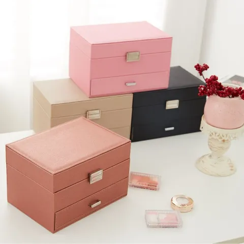 Vintage Three-Tier PU Leather Jewelry Box Large Capacity European Style Retro Jewelry Storage Organizer Case With Lock