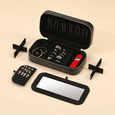 Exquisite Striped PU Leather Jewelry Box With Mirror Portable Travel Organizer Case For Earrings Rings Necklaces Storage
