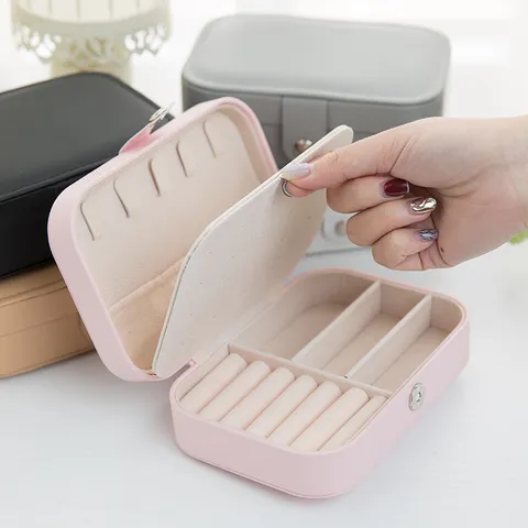 Portable PU Leather Jewelry Box Travel Multifunctional Earring Ring Storage Organizer Case With Metal Buckle Solid Color For Women