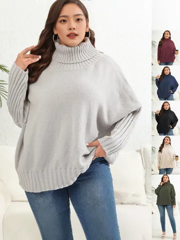 Women's Plus Size High Neck Solid Color Long Sleeve Loose Knit Pullover Sweater Casual Winter Fashion Top
