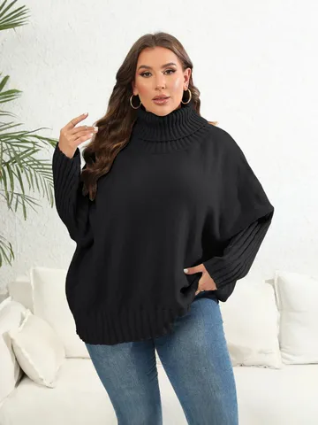 Women's Plus Size High Neck Solid Color Long Sleeve Loose Knit Pullover Sweater Casual Winter Fashion Top