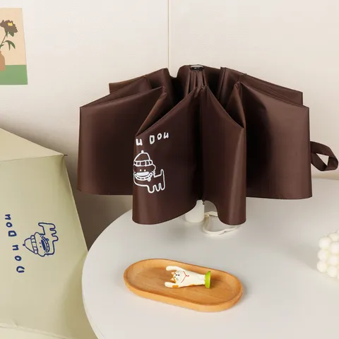 Simpatico Cane Cartone Animato Stampa Tessuto Pongee Ombrello a 3 Pieghe Protezione UV Rivestimento Nero Ombrello Sole Pioggia per Donna Studenti