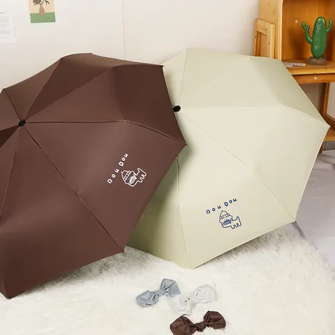 Simpatico Cane Cartone Animato Stampa Tessuto Pongee Ombrello a 3 Pieghe Protezione UV Rivestimento Nero Ombrello Sole Pioggia per Donna Studenti