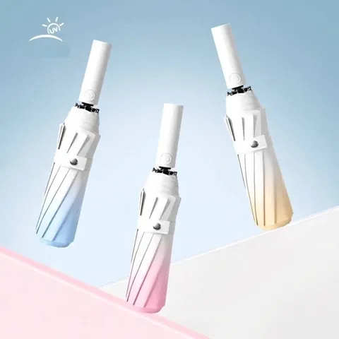 Automatic Gradient Folding Umbrella Black Glue Sun Protection Rain Or Shine Windproof Reinforced Ribs Sunshade For Women