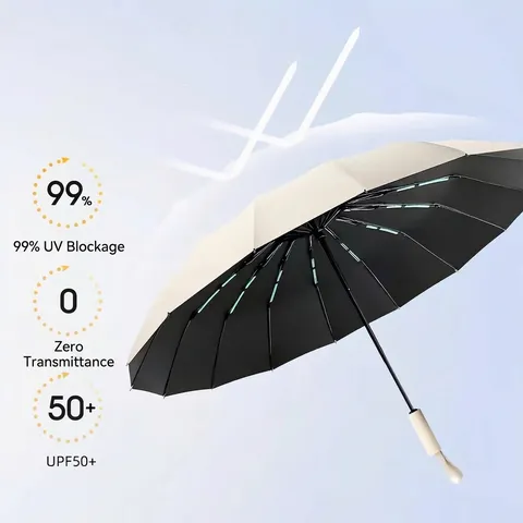 Ombrello Pieghevole Automatico Stecche Rinforzate Antivento Doppio Uso Sole Pioggia Protezione UV Rivestimento Colla Nera Tessuto Pongee Ombrello Grande