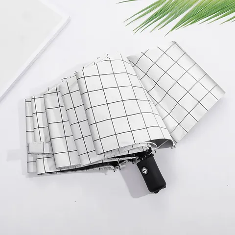 Parapluie Pliant Classique à Carreaux Protection Solaire Anti-UV Revêtement Noir Tissu Ponge Parapluie Compact à 3 Plis de Voyage
