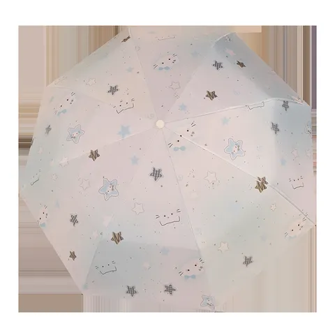 Ombrello Pieghevole a Tre Pieghe con Stampa Gatto in Pongee Blu Sfumato Protezione Solare Portatile Impermeabile