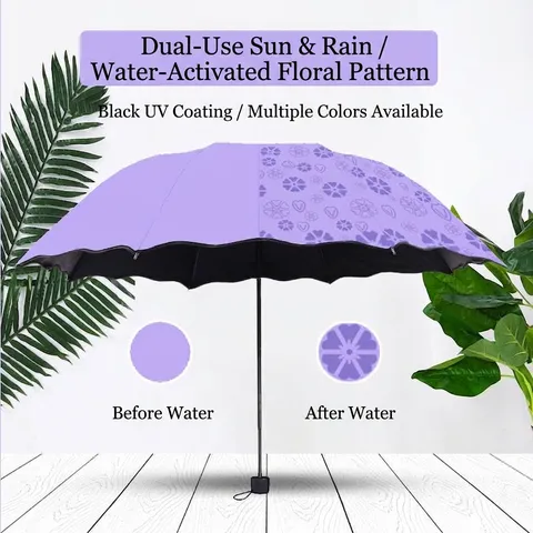 Magic Water Bloom Folding Umbrella UV Protection Black Vinyl Coating Sun Rain Parasol Scalloped Edge Portable Floral Pattern