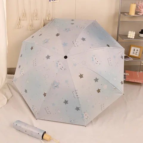 Ombrello Pieghevole a Tre Pieghe con Stampa Gatto in Pongee Blu Sfumato Protezione Solare Portatile Impermeabile