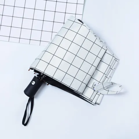 Ombrello Pieghevole a Quadri Bianco e Nero Minimalista Protezione UV Sole Pioggia Doppio Uso 8 Stecche Portatile