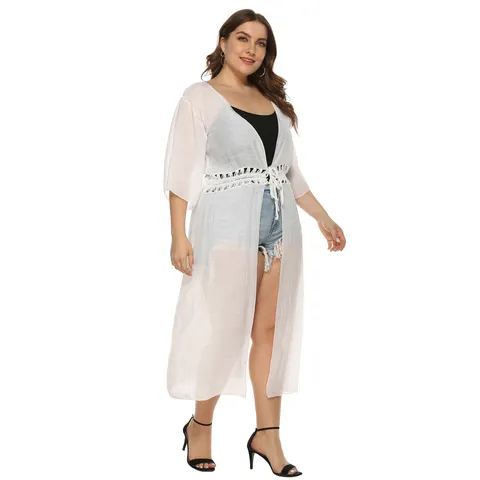 Women Plus Size Casual Solid Color Long Cardigan Hollow Out Lace Up 3/4 Sleeve Sunscreen Beach Cover Up Outerwear
