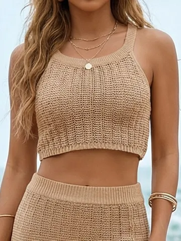 Sexy Women Hollow Out Crochet Crop Top Beach Bikini Cover Up Sleeveless Halter Neck Summer Casual Tank Top