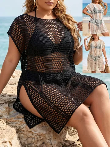 Women Plus Size Crochet Hollow Out Beach Cover Up Dress Sexy Boat Neck Side Slit Swimwear Smock Polyester Knit Beachwear