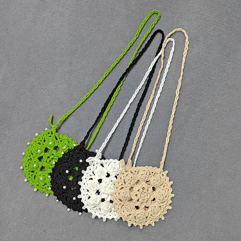 Borsa a Tracolla Tonda Fatta a Mano all'Uncinetto Etnica Perle Artificiali Tracolla Regolabile Borsa a Spalla Retrò