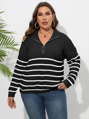 Maglione in Maglia Largo a Maniche Lunghe con Mezza Zip e Collo Alto a Righe Taglie Forti Casual da Donna Moda Invernale