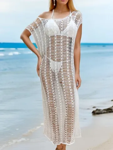 Women's Hollow Out Knit Beach Cover Up Dress Solid Color Off Shoulder Long Dress Resort Wear
