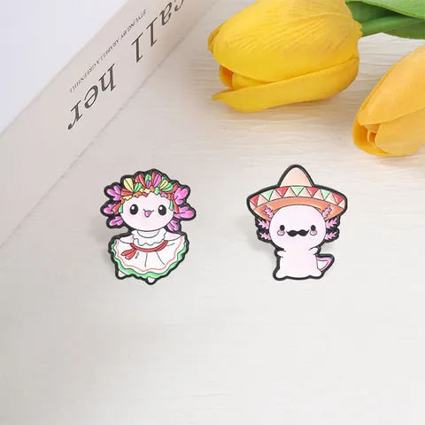 Cute Cartoon Axolotl Zinc Alloy Enamel Brooch Pins Mexican Style Sombrero Floral Wreath Animals Lapel Badges For Backpack Clothes Unisex Decorative Jewelry Gift
