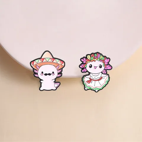 Cute Cartoon Axolotl Zinc Alloy Enamel Brooch Pins Mexican Style Sombrero Floral Wreath Animals Lapel Badges For Backpack Clothes Unisex Decorative Jewelry Gift