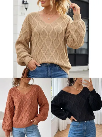 Pull Femme Col V Manches Longues Casual Ample Couleur Unie Pull Tricoté Automne Hiver Mode Tops Élégants