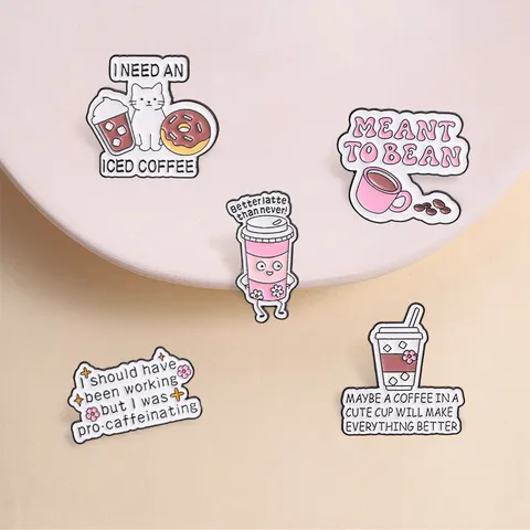 Funny Coffee Theme Enamel Pin Zinc Alloy Brooch Cute Cat Donut Iced Coffee Pun Badge For Backpack Denim Jacket Decor Gift