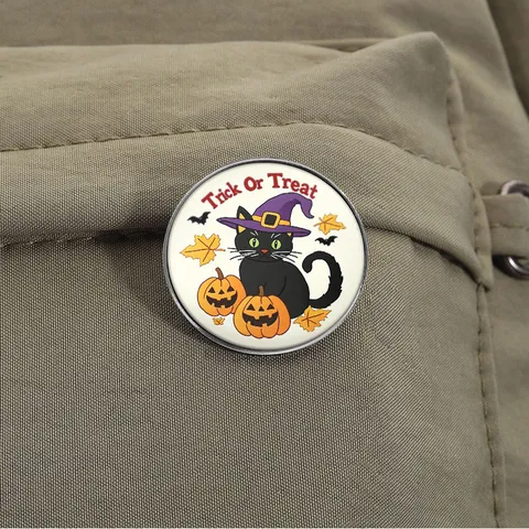 Halloween Cartoon Black Cat Witch Hat Alloy Brooch Pumpkin Bat Maple Leaf Printed Pin Badge Holiday Costume Accessories