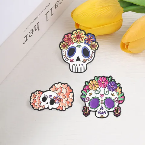 Tag Der Toten Zuckerschädel Blumen Metall Brosche Halloween Mexikanischen Zuckerschädel Abzeichen Pin Schmuck Geschenk