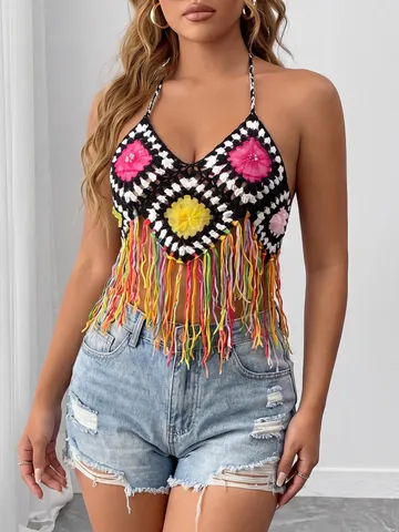 Women's Casual Hand-Knitted Crochet Beach Bikini Top Halter Backless Fringe Crop Top Summer Vacation Apparel