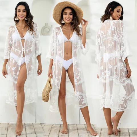 Women Hollow Out Lace Beach Cover-Up Cardigan Casual Three-Quarter Sleeve V-Neck Summer Vacation Top