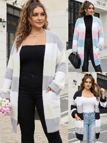 Women Plus Size Colorblock Striped Long Cardigan V Neck Long Sleeve Open Front Knit Sweater Coat Casual Loose Outerwear