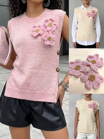 Chaleco de Punto Casual para Mujer Pullover Cuello Redondo Sin Mangas Decoración Floral 3D Otoño Invierno Cálido