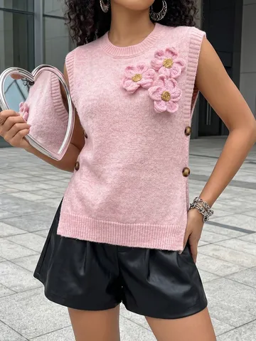 Chaleco de Punto Casual para Mujer Pullover Cuello Redondo Sin Mangas Decoración Floral 3D Otoño Invierno Cálido