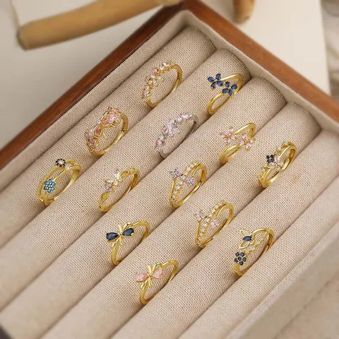 Elegant Copper Zirconia Bowknot Four-Leaf Clover Open Adjustable Ring For Women Gold Silver Butterfly Flower Fashion Jewelry