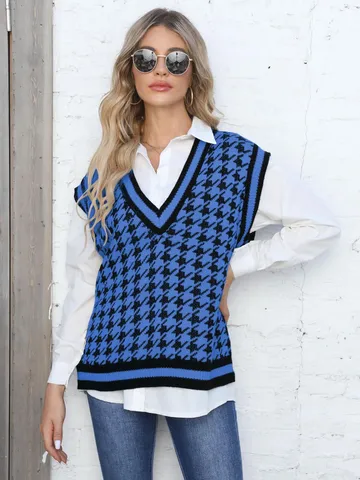 Chaleco de Punto para Mujer Cuello en V Pata de Gallo Sin Mangas Bloque de Color Patchwork Top Moda Casual Jersey Chaleco
