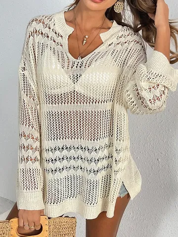 Damen Durchbrochenes Häkeln Strand Überwurf Langer Ärmel V-Ausschnitt Sommer Bademode Lässige Lose Strick Tops