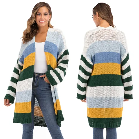 Cárdigan a Rayas Colorblock para Mujer Manga Larga Tejido a Máquina Holgado Abierto Por Delante Grueso Cálido Casual Top