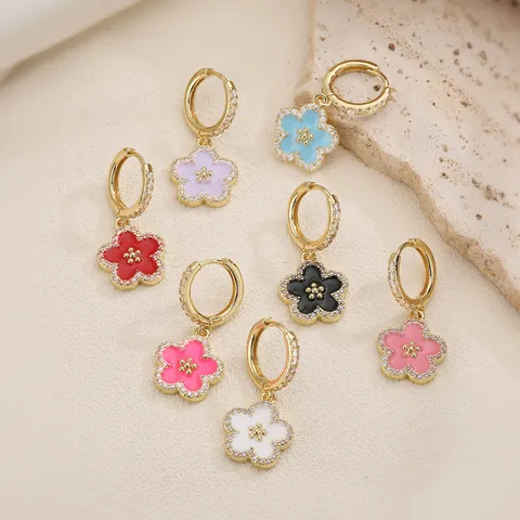 Kupfer Zirkonia Bunte Emaille Blume Schmuckset Für Damen Sweet Cool Blütenblatt Anhänger Halskette Creolen Ohrstecker Schmuck