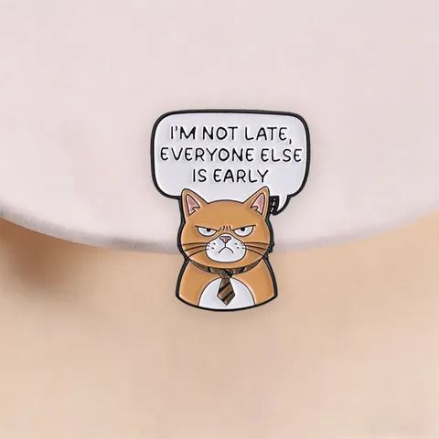 Humorous Orange Cat Tie Brooch Metal Enamel Badge I'M NOT LATE Funny Office Worker Speech Bubble Pin Gift Accessory