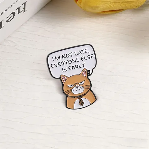 Humorous Orange Cat Tie Brooch Metal Enamel Badge I'M NOT LATE Funny Office Worker Speech Bubble Pin Gift Accessory